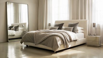 Elegant Scandinavian bedroom featuring a white bed with silver accents and cozy throw. Minimalist bedside table and metallic framed mirror reflect gentle daylight, concept of home decor