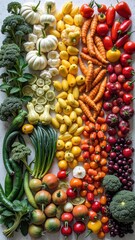Colorful assortment of fresh vegetables and fruits in vibrant rainbow layout