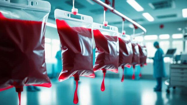 Multiple blood donation bags hanging in medical laboratory with healthcare professionals working in background under bright lighting
- Powered by Adobe