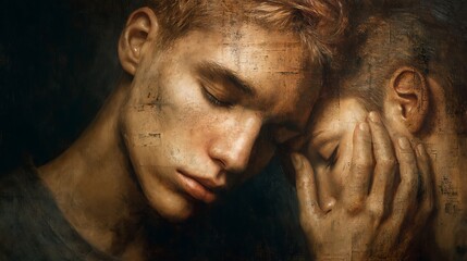 symbolic scene of a person split into two selves: one independent and determined, the other weary and accepting help, fine-art realism, psychologically intense, clear skin details and facial 