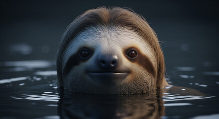  Close-up of a peaceful adult sloth’s head and upper body emerging from dark murky water, coarse brownish-gray fur with slight wetness, large gentle eyes, and soft lighting highlighting its tranquil 