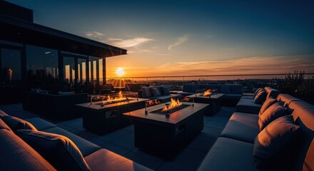 Fototapeta premium Rooftop patio with fire pits, sun setting on horizon