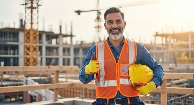 A smiling man in a hard hat and safety vest standing on a construction site.