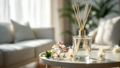 Close-up of a minimalist reed diffuser with decorative flowers in a bright, airy living room.
