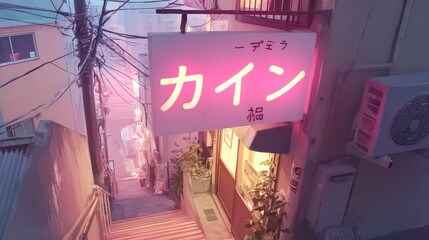 Naklejka premium Neon-lit alleyway stairs in a pastel-toned city.