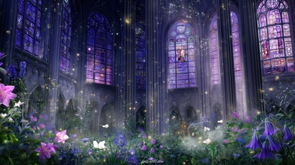 Fantastical Gothic window arch adorned with blooming pink and purple floral vines amidst sparkling particles, ethereal dreamscape background with intricate stonework in magical 3D render.