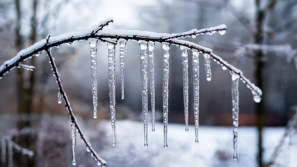 Delicate icicles on frosted windowpane, clear tapered ice, water droplets, snow-dusted birch branch, soft natural light, winter calm, concept of winter