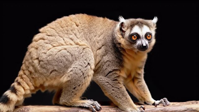 Vibrant Brown Lemur Portrait: Alert Primate with Bright Orange Eyes and Striped Tail Perched on a Branch Against a Dark Background