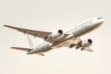 Obraz premium Large, white passenger jet in flight against a pale sky