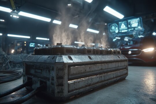 Industrial power unit steaming in a dark, futuristic high-tech garage. - Powered by Adobe