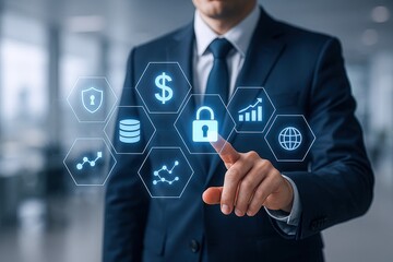 Businessman Touching Digital Padlock Display, Cybersecurity Concept with Financial and Global Icons, Data Protection