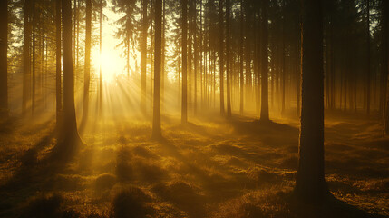 Obraz premium Sunlight beams through mist in forest, floating dust particles, soft focus on t