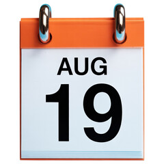 Fototapeta premium August 19th Calendar Page Rendering with Orange Header and Silver Rings, Suitable for Presentations, Reports, and Date-Related Content