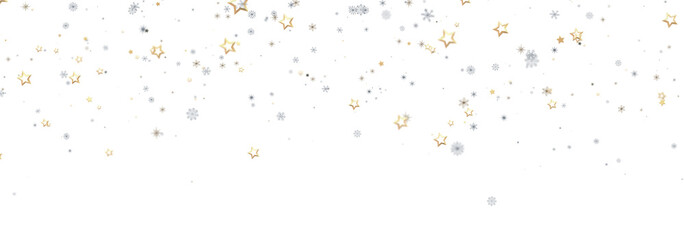 Beautiful winter background with gold stars and snowflakes falling on white. Perfect for holidays.