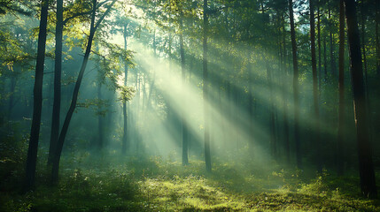 Fototapeta premium Sunlight beams through mist in forest, floating dust particles, soft focus on t