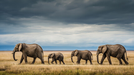 Obraz premium Herd of Elephants on the Grassland with Vast Landscape and Heavy Clouds, Conveying Peace and Nature