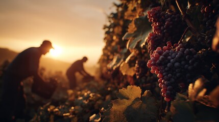 Harvesting grapes during sunset in a vineyard setting with workers gathering ripe fruit