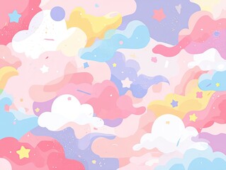 Pastel cloud-filled sky with stars and confetti