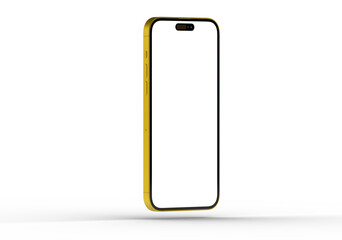 High-quality image of a yellow smartphone mockup with a blank screen, perfect for app presentations or website designs.