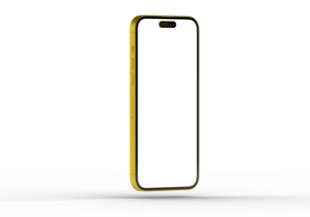 High-quality image of a yellow smartphone mockup with a blank screen, perfect for app presentations or website designs.