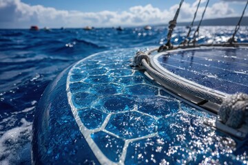 Close-up of a blue vessel's hull with water splashes and a solar panel on the open sea.