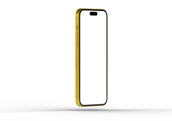 High-quality photo of a yellow smartphone mockup with blank screen, perfect for app presentations or website design.