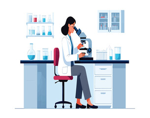 Female scientist working in a laboratory, looking through a microscope. Vector illustration for scientific research, biotechnology, and medical analysis.