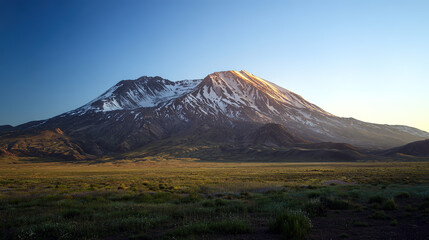 Fototapeta premium Magnificent Snow-Capped Mountain with Golden Peak and Vast Plain, Conveying Grandeur and Tranquility