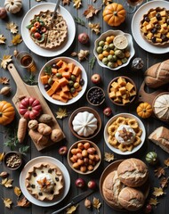 Fototapeta premium Abundant Autumn Feast with Seasonal Ingredients and Decor Elements