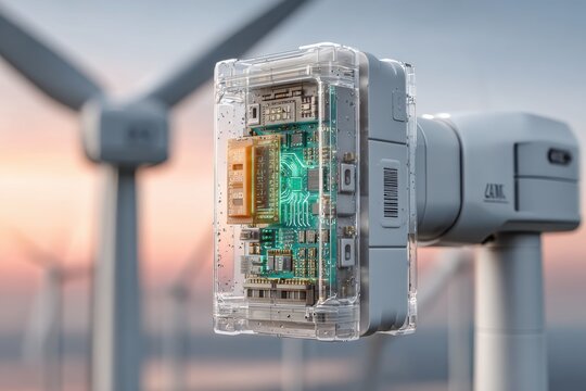 Waterproof electronic device with glowing circuit board against wind turbines.
