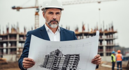 A man in a suit and hard hat holding a blueprint in front of a construction site.
