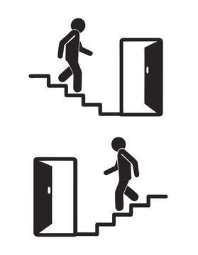 Bundle label sticker dirextion up and down stairs with arrow, isolated emergency exit building sign
