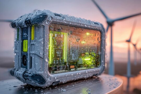 Rugged Waterproof Electronic Device with Glowing Circuitry at Sunset by Wind Turbines