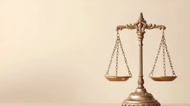 An ornate, golden scale of justice stands on a surface, set against a muted background. The scale is intricately designed, emphasizing the concepts of legal balance and impartial judgment.