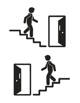 Bundle label sticker dirextion up and down stairs with arrow, isolated emergency exit building sign
