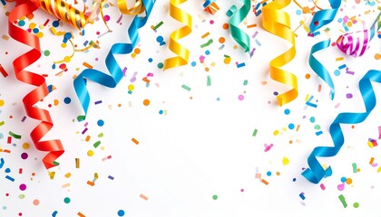 Celebration,party backgrounds concepts ideas with colorful confetti,streamers on white.Flat lay