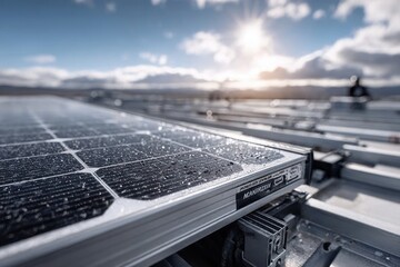 Solar panel with water droplets under bright sun, clean energy future