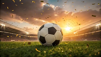 Soccer ball on stadium field with golden confetti flying at sunset celebration
