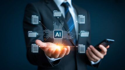 Businessman holding a glowing ai chip with digital data flowing around him representing artificial intelligence and data management