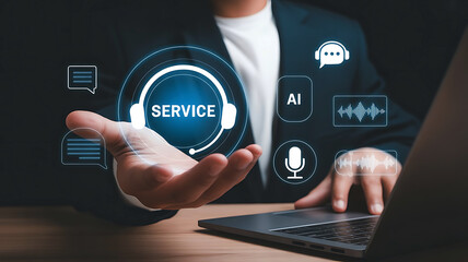 Customer service professional presenting digital interface with service and communication icons floating above hand