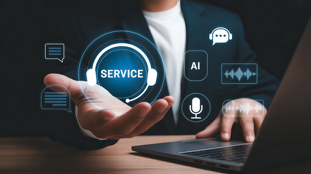 Customer service professional presenting digital interface with service and communication icons floating above hand - Powered by Adobe