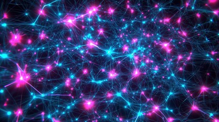Obraz premium Neural network pattern in neon blue, pink. Futuristic, glowing style, modern digital art, network visualization. Futuristic headers, tech-themed web backgrounds, digital interfaces.
