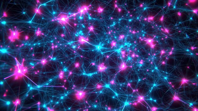 Neural network pattern in neon blue, pink. Futuristic, glowing style, modern digital art, network visualization. Futuristic headers, tech-themed web backgrounds, digital interfaces.