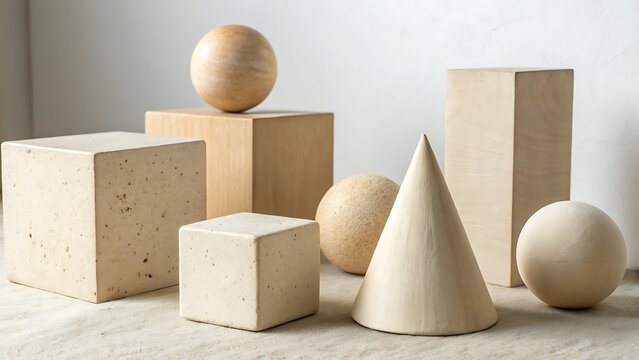 Geometric shapes in 3d including cubes, spheres, cones, and prisms. Perfect for abstract backgrounds, design elements, educational materials, and presentations.