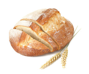 Pieces of fresh bread and spikes isolated on white