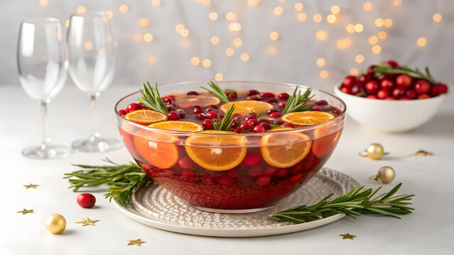 Festive holiday punch bowl brimming with cranberries oranges and rosemary, ready for celebration