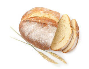 Pieces of fresh bread and spikes isolated on white, top view