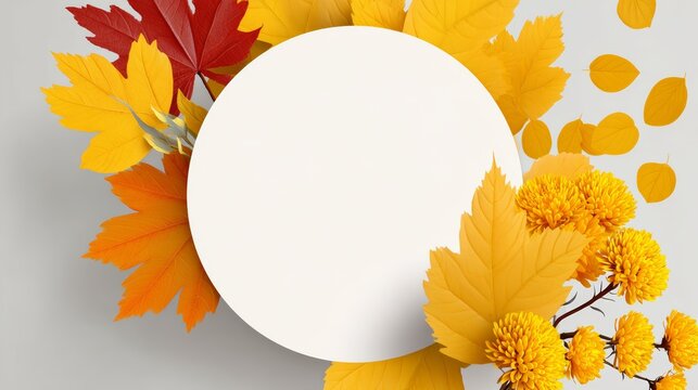 White circle with a red leaf in the center. The circle is surrounded by yellow leaves. The image is of autumn leaves - Powered by Adobe