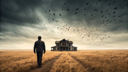 Lone man walking towards abandoned farmhouse under dark stormy sky with flock of birds