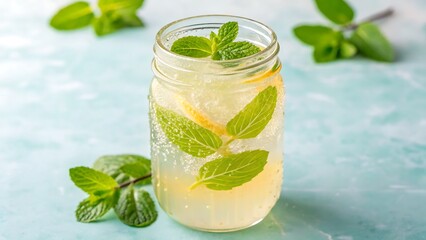 Fototapeta premium Refreshing lemonade jar garnished with mint leaves for summer menus, restaurant marketing, beverage packaging, and food blog visuals. Bright and appetizing.